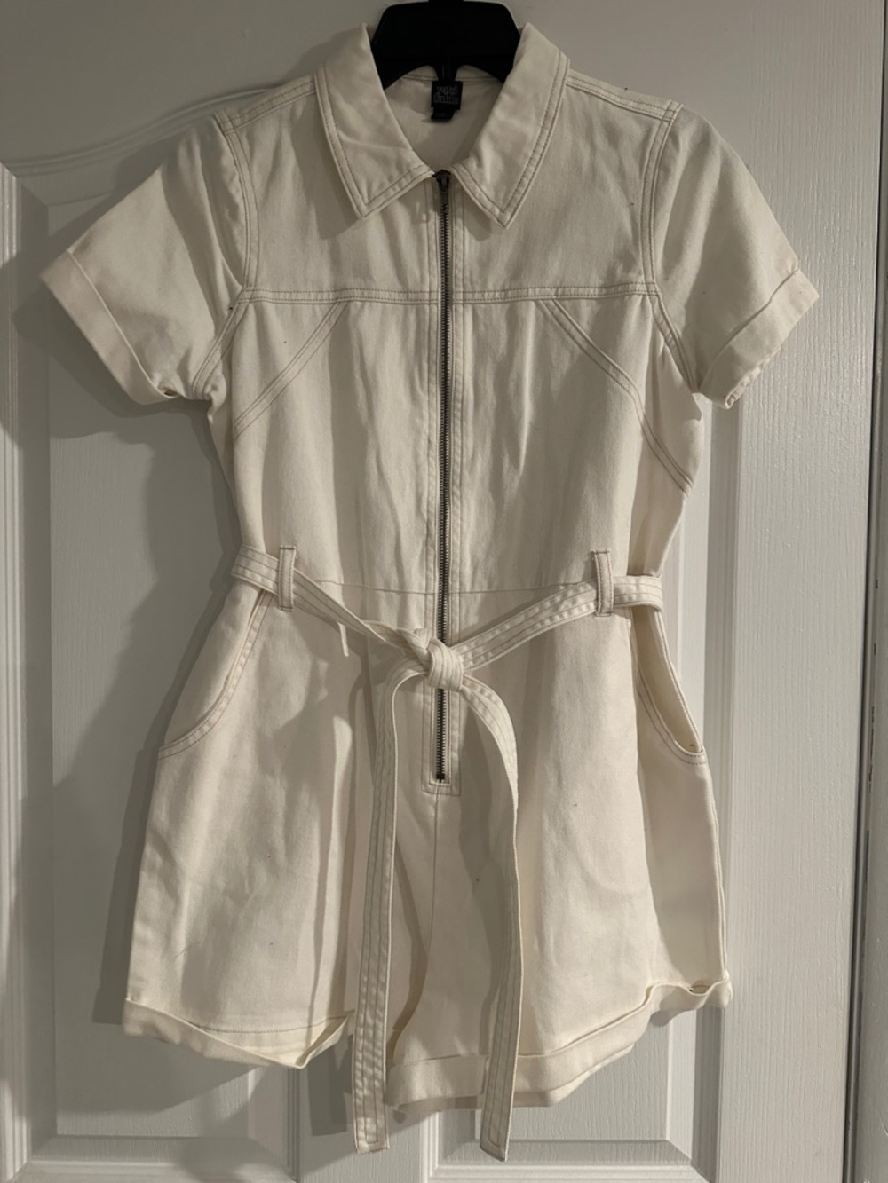 wild fable Cream Short Sleeve Zip Front Romper with Belt